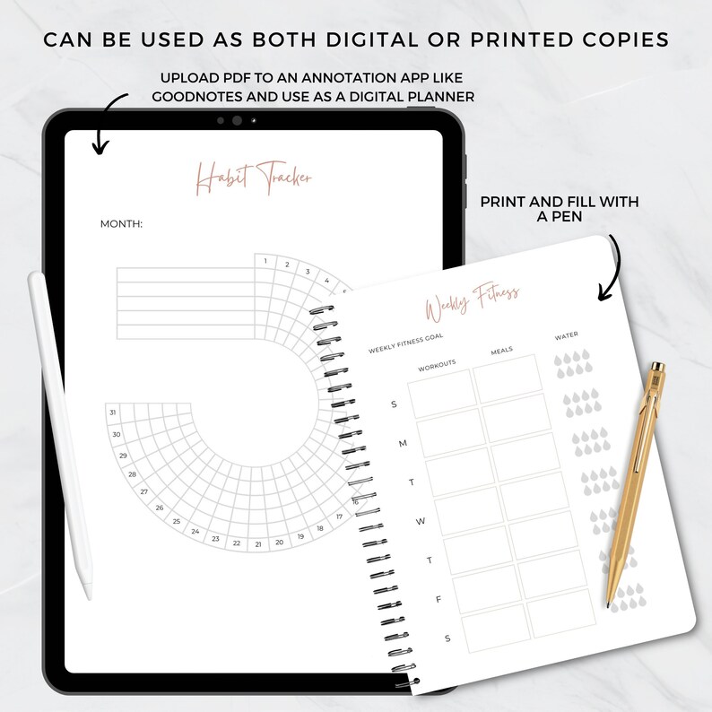 May include: A digital planner featuring a habit tracker and weekly fitness log. The habit tracker is a circular chart with numbers 1-30 around the edge. The weekly fitness log has sections for weekly fitness goals, workouts, meals, and water intake.