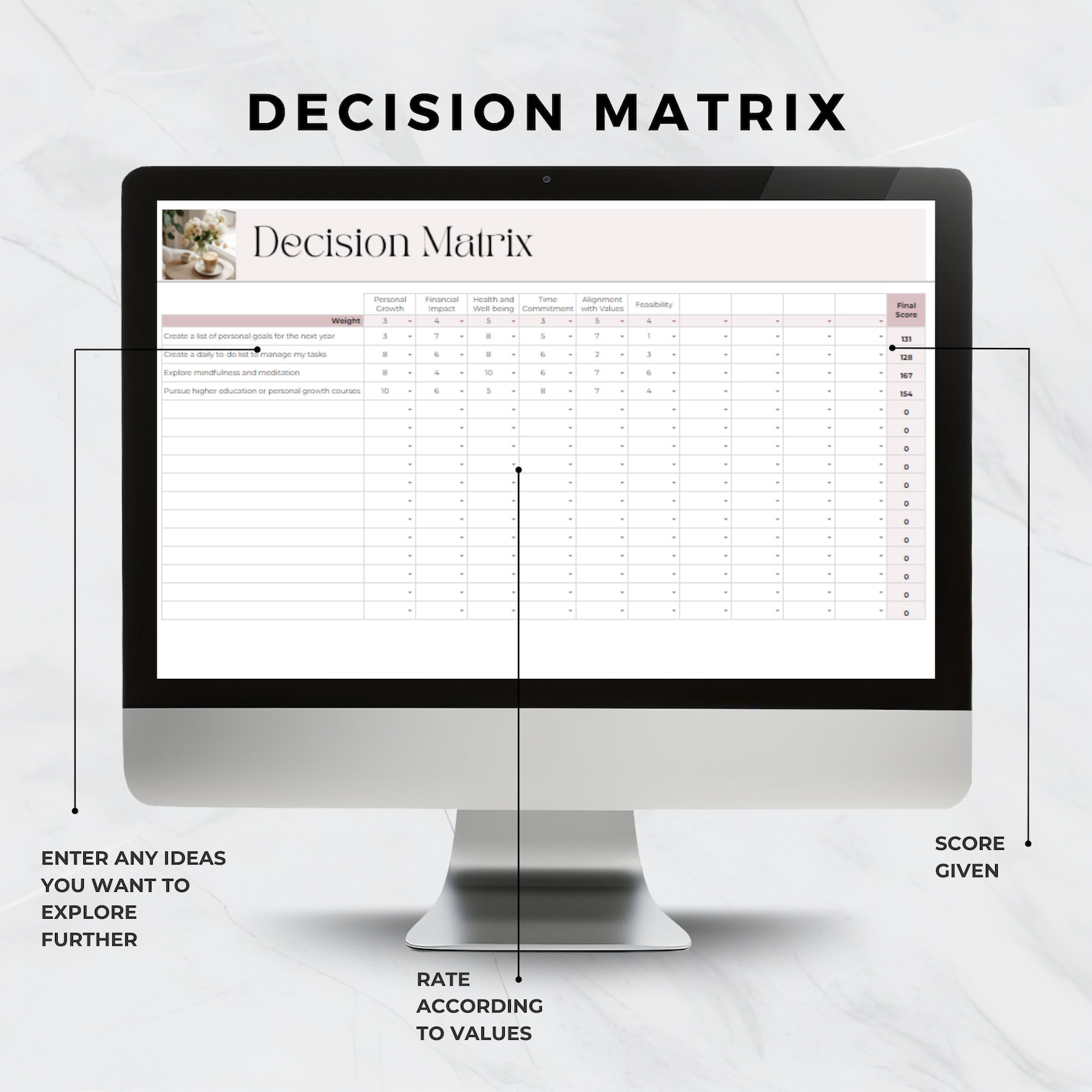 Matrix Checklist Decision Matrix Google Sheets, Eisenhower Priority Template, Brain Dump ...