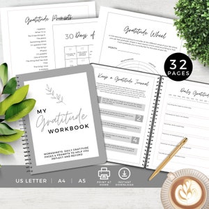 Gratitude Worksheets PDF, Daily Journal Pages, Self Care Workbook, Prompts, Trackers, Grateful, Jar, Wheel, INSTANT DOWNLOAD,  Digital, Grey