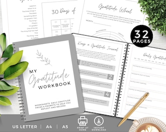 Gratitude Worksheets PDF, Daily Journal Pages, Self Care Workbook, Prompts, Trackers, Grateful, Jar, Wheel, INSTANT DOWNLOAD,  Digital, Grey