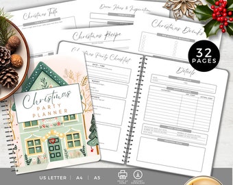 May include: A 32-page Christmas party planner with a spiral-bound design. The cover features a green house illustration with the text 'Christmas Party Planner'. Interior pages include sections for a party checklist, recipes, table planning, and drink menus.