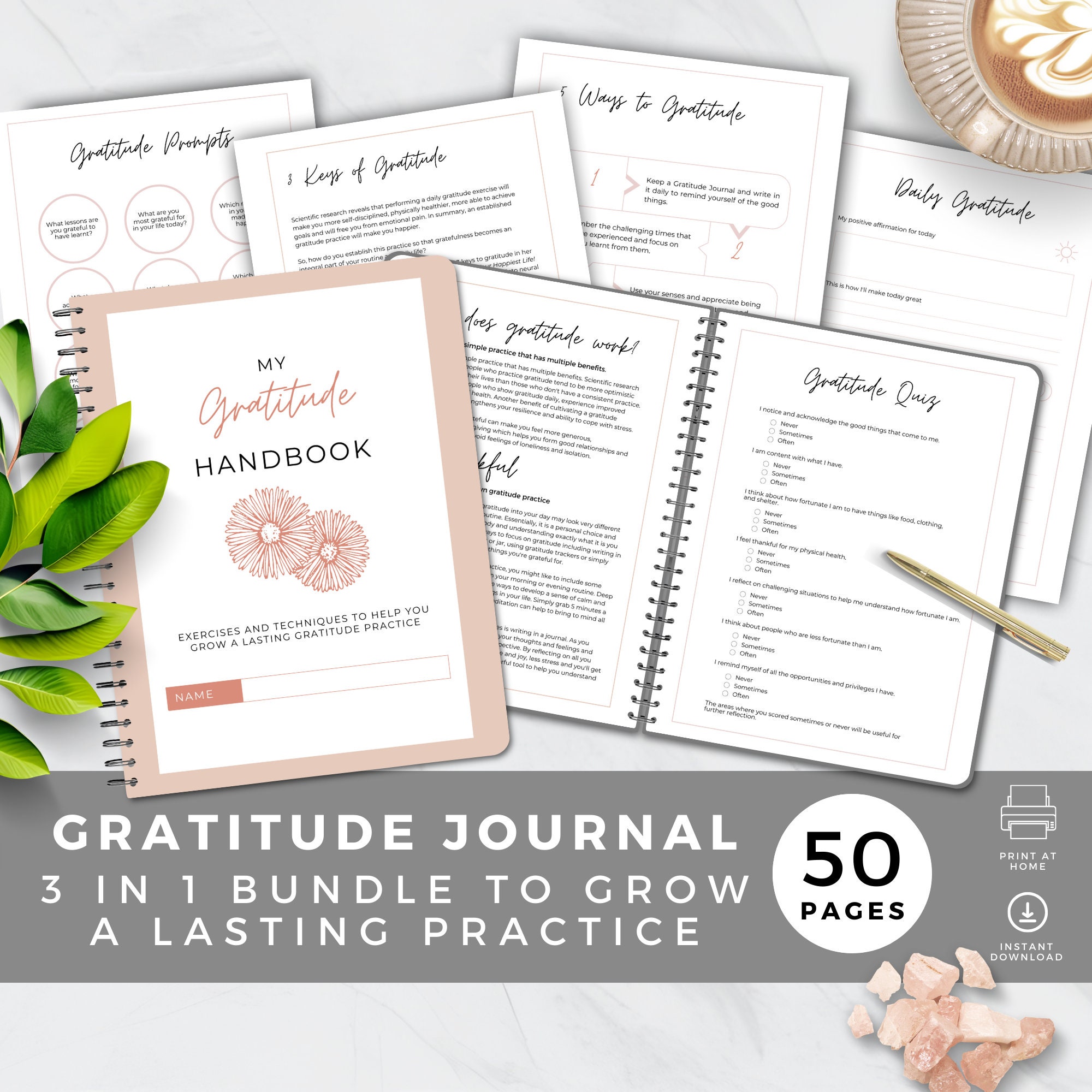 Gratitude Journal Bundle, Mindfulness Practice and Exercises, Wellbeing ebook & Workbook, Daily Trackers, Printable PDF, Digital, Pink