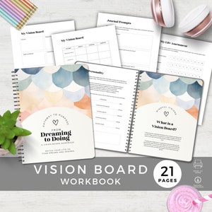 May include: A vision board workbook with a watercolor cover featuring a colorful pattern of overlapping circles. The title of the workbook is "Pathway to Purpose From Dreaming to Doing: A Vision Board Workbook". The workbook has 21 pages and is designed to help you match your life to your dreams and desires.