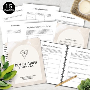 May include: A 15-page journal with a beige and white marble cover featuring a heart design. The journal is titled "Boundaries Journal" and includes questions and prompts to help you reflect on your boundaries.