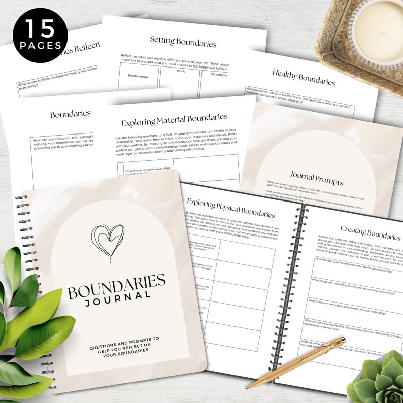 May include: A 15-page journal with a beige and white marble cover featuring a heart design. The journal is titled "Boundaries Journal" and includes questions and prompts to help you reflect on your boundaries.