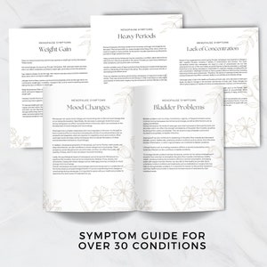 May include: A guide to common symptoms associated with menopause, including weight gain, heavy periods, lack of concentration, mood changes, and bladder problems. The guide features a floral design and the text "Symptom Guide for Over 30 Conditions".