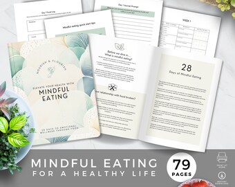 Diario de alimentación consciente con indicaciones, lista de verificación de nutrición saludable, rastreador de hábitos alimentarios diarios, planificador semanal, registro de alimentación emocional