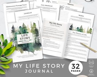 May include: A watercolor-style journal cover with a forest scene. The cover reads "Life Story Journal" and includes the text "Journal prompts to help reflect, recognize achievements and challenges faced". The journal is open to reveal pages with prompts for writing about different stages of life, including childhood, adolescence, marriage, and midlife. The journal has 32 pages and is available for instant download.
