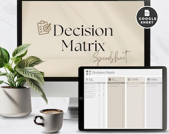 Beslissingsmatrix Google Spreadsheets, Eisenhower-prioriteitsjabloon, Brain Dump, Takentracker, Takenlijst, Actielogboek, Checklist digitale planner
