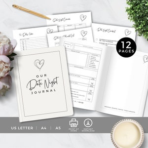Date Night Journal, Printable, Couples Memory Keeping, Valentines, Paper Anniversary Gift, Bucket List, Relationships Planner, Minimal