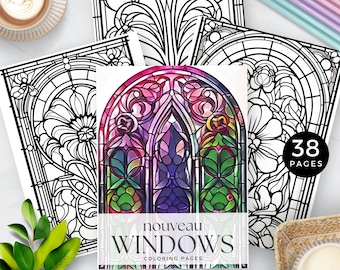 Stained Glass Windows Coloring Book for Mindfulness, Art Nouveau Floral Adult Color Pages, Self Care Activity, Mental Health, Printable PDF