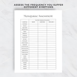 May include: A printable menopause assessment checklist with a list of symptoms and columns for marking how often you experience each symptom: never, sometimes, or regularly.