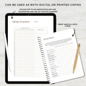 Puede incluir: Un rastreador y diario de sue&ntilde;o digital e imprimible. La versi&oacute;n digital se puede usar con una aplicaci&oacute;n de anotaci&oacute;n como Goodnotes. La versi&oacute;n imprimible se puede rellenar con un bol&iacute;grafo. El rastreador incluye un registro de sue&ntilde;o mensual y un diario de sue&ntilde;o diario.