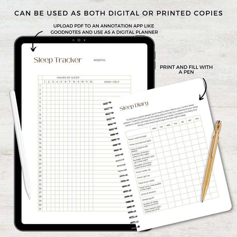 Puede incluir: Un rastreador y diario de sue&ntilde;o digital e imprimible. La versi&oacute;n digital se puede usar con una aplicaci&oacute;n de anotaci&oacute;n como Goodnotes. La versi&oacute;n imprimible se puede rellenar con un bol&iacute;grafo. El rastreador incluye un registro de sue&ntilde;o mensual y un diario de sue&ntilde;o diario.
