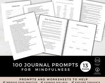 Mindfulness-dagbok med uppmaningar i PDF-format, daglig mindful journaling, guide för att börja skriva dagbok, självhjälpsterapi, positivt tänkesätt, utskrivbar, digital