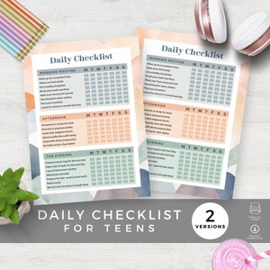 May include: Printable daily checklist for teens with a watercolour background. The checklist includes sections for morning, afternoon, and evening routines. The checklist is designed to help teens stay organised and on track with their daily tasks.