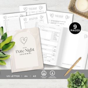 May include: A beige "Our Date Night Journal" with a heart design, surrounded by various date night planning pages. Includes a 52 dates index, bucket list, and checklist. The journal is US Letter, A4, and A5 size, with 9 pages.