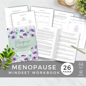 May include: A watercolor-style workbook with a floral design featuring purple and blue flowers on a light green background. The title of the book is "Menopause Positive Mindset Workbook". The book is open to reveal pages with text and worksheets. The text on the open pages includes "Introduction", "How CBT Can Help to Manage Your Stress and Anxiety", and "Cognitive Behavioral Therapy Based Tools and Worksheets to Help Improve Wellbeing".