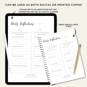 K&ouml;nnte beinhalten: Ein druckbares t&auml;gliches Reflexionsjournal mit Abschnitten f&uuml;r deine Gef&uuml;hle, Absichten, Affirmationen, Herausforderungen und ein Bewertungssystem. Das Journal kann digital oder gedruckt verwendet werden.