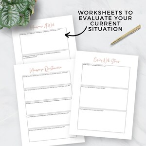 May include: Three printable worksheets for evaluating your current situation, coping with stress, and managing menopause symptoms. The worksheets have blank spaces for writing answers to questions about menopause at work, menopause questionnaire, and coping with stress.