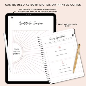 May include: A digital planner with a gratitude tracker. The planner has a circular design with a pink background and a white border. The text "Each day I am grateful" is written in black text. The planner also has a daily gratitude section with a sun and moon icon. The text "Daily Gratitude" is written in black text.