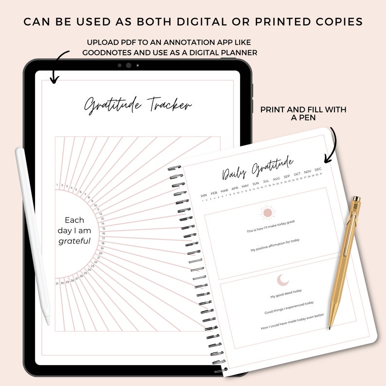 May include: A digital planner with a gratitude tracker. The planner has a circular design with a pink background and a white border. The text "Each day I am grateful" is written in black text. The planner also has a daily gratitude section with a sun and moon icon. The text "Daily Gratitude" is written in black text.