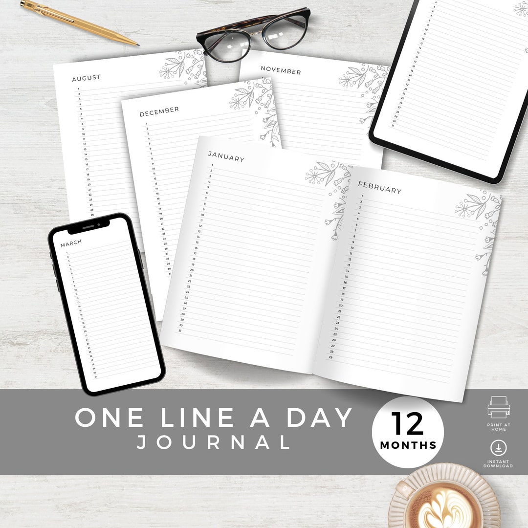 One Line A Day Journal One Year, Monthly Digital Diary, 365 Days of ...