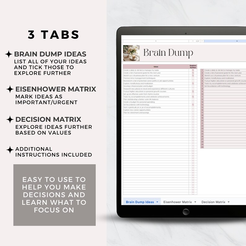 Decision Matrix Google Sheets, Eisenhower Priority Template, Brain Dump ...