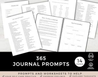 365 Journal Prompts PDF, druckbar, Selbstentdeckung, Anfänger Journaling, 5 Minuten tägliche Selbstpflege, One a Day Prompts, Schreibtherapie
