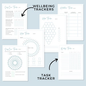 May include: A set of printable wellbeing trackers with titles such as "Self-Care Tracker", "Mood Tracker", "Meditation Tracker", "Weekly Tracker", and "Task Tracker". The trackers are designed to help users monitor their mood, self-care activities, meditation sessions, and weekly tasks.