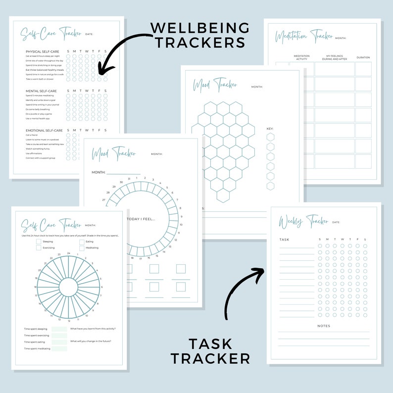 May include: A set of printable wellbeing trackers with titles such as "Self-Care Tracker", "Mood Tracker", "Meditation Tracker", "Weekly Tracker", and "Task Tracker". The trackers are designed to help users monitor their mood, self-care activities, meditation sessions, and weekly tasks.