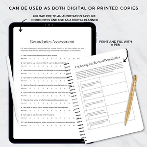 May include: A black and white printable worksheet titled "Boundaries Assessment" with a scale from 1 to 10 for rating how comfortable you are with setting boundaries in different situations. The worksheet is designed to help you identify areas where you may need to work on your boundaries. The worksheet is on a white background with a black pen next to it.