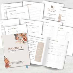 Pu&ograve; includere: Un planner di produttivit&agrave; per le donne in menopausa. Il planner include fogli di lavoro e tracker per aiutare a ridurre la nebbia mentale e ottenere di pi&ugrave; in un giorno. La copertina presenta un design floreale con fiori di pesca, rosa e bianco.