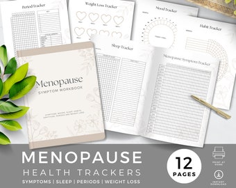 May include: A printable 12-page workbook with trackers for menopause symptoms, sleep, periods, and weight loss. The cover features a beige background with a floral design and the text "Menopause Symptom Workbook".