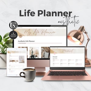 May include: A laptop computer with a rose gold exterior and a screen displaying a website for an aesthetic life planner. The website has a header that says "My Life Planner" and a section titled "Aesthetic Life Planner". The laptop is on a white surface with a cup of coffee and a tablet computer displaying a planner.