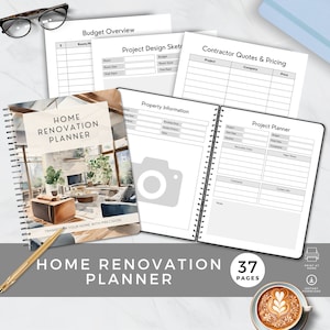 May include: A home renovation planner with 37 pages. The cover features a watercolor illustration of a living room with a fireplace, couch, and coffee table. The planner includes sections for budgeting, project design, contractor quotes, property information, and project planning.