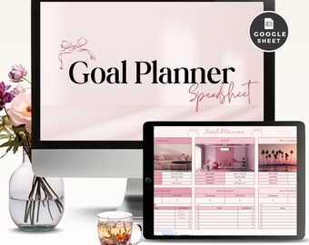 Goal Planner Google Sheet Spreadsheet, Bingo Card, Digital Progress Tracker, Task To Do List, Productivity Log, Monthly Calendar, Cute Pink