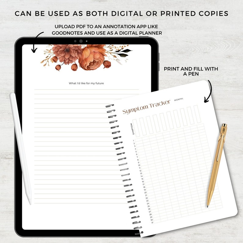 Pu&ograve; includere: Un planner digitale con un design floreale sulla copertina. Il planner &egrave; aperto a una pagina con il testo "Cosa vorrei per il mio futuro". Il planner &egrave; anche mostrato stampato e riempito con una penna. Il testo "Symptom Tracker" &egrave; visibile sulla pagina stampata.