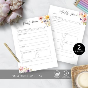 May include: Printable weekly and monthly review planner pages with floral designs. The pages include sections for highlights, challenges, gratitudes, and to improve on next week. The text "Weekly Review" and "Monthly Review" is at the top of each page.