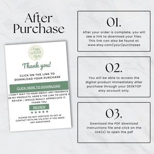 May include: A green and white graphic with the text "After Purchase" in large black letters. The graphic provides instructions for downloading a digital product after purchase on Etsy. The instructions include clicking on a link to download the purchase, accessing the digital product through a desktop Etsy account, and downloading a PDF file with instructions for opening the product.