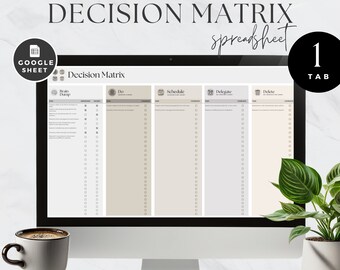 Beslissingsmatrix Google Spreadsheets, Eisenhower-prioriteitsjabloon, Brain Dump, Taakactielijsttracker, Takenlijst, Digitale planningchecklist