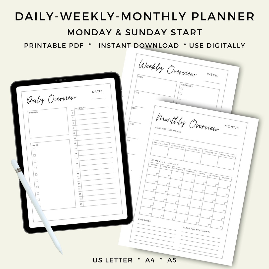 Printable daily weekly monthly planner journal inserts productivity