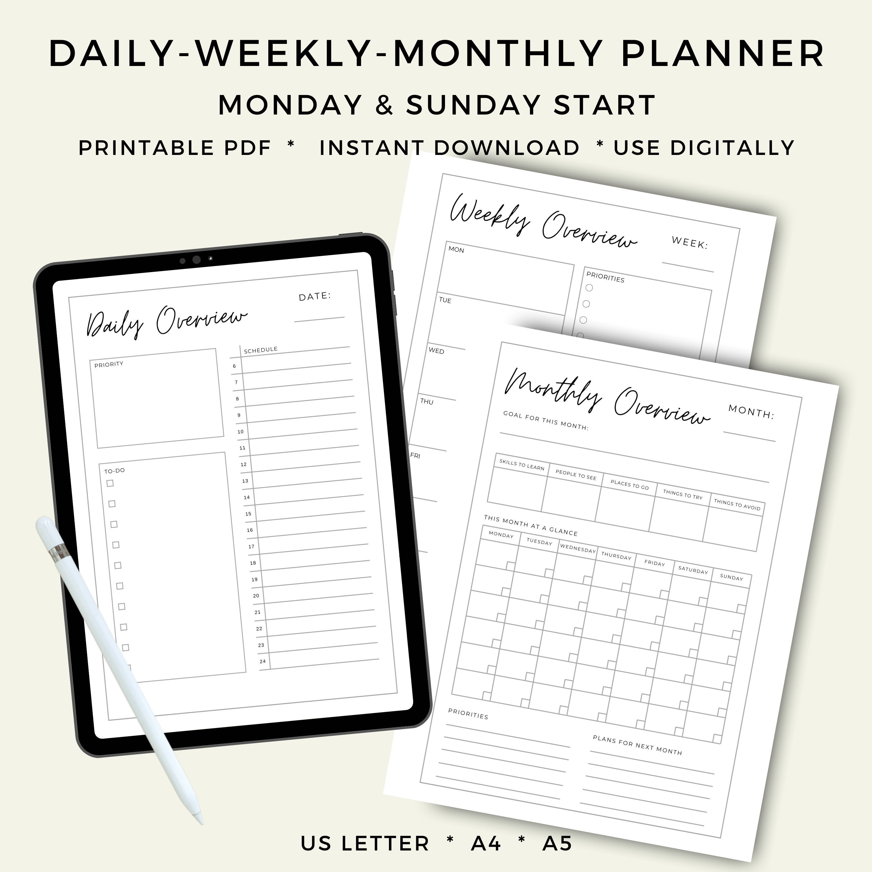 Printable Daily, Weekly, Monthly Planner, Journal Inserts, Productivity, Time Management