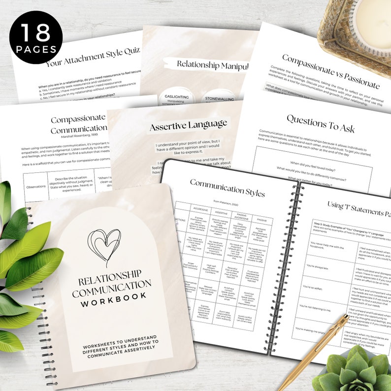 May include: A workbook titled "Relationship Communication Workbook" with worksheets to understand different communication styles and how to communicate assertively. The workbook has a beige cover with a heart shape and a white background. The cover also includes the text "18 Pages".