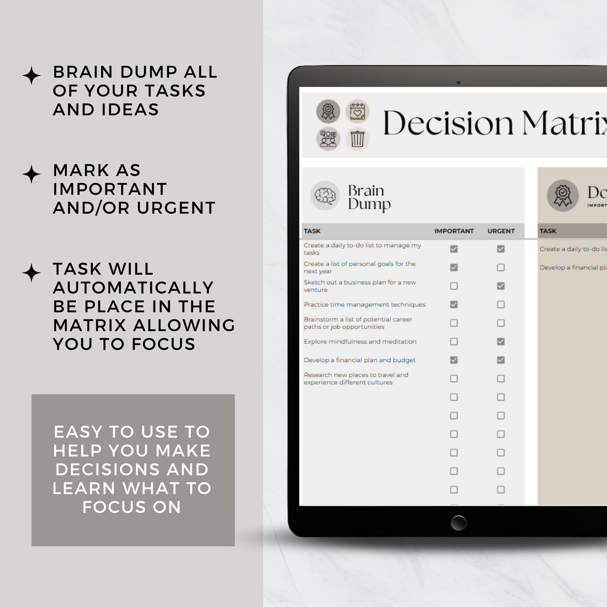 Decision Matrix Google Sheets, Eisenhower Priority Template, Brain Dump ...