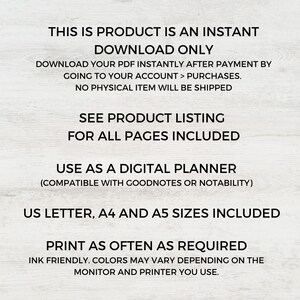 Pu&ograve; includere: Testo sovrapposto su uno sfondo a venature di legno. Il testo recita: "Questo prodotto &egrave; un download istantaneo. Scarica il tuo PDF immediatamente dopo il pagamento accedendo al tuo account > acquisti. Nessun articolo fisico verr&agrave; spedito. Consulta l'elenco dei prodotti per tutte le pagine incluse. Usalo come un planner digitale (compatibile con Goodnotes o Notability). Formati US Letter, A4 e A5 inclusi. Stampa quante volte vuoi. A base di inchiostro. I colori possono variare a seconda del monitor e della stampante utilizzati."