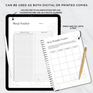 May include: A digital planner with a sleep tracker and sleep thoughts tracker. The sleep tracker is a grid with hours of sleep and how you felt. The sleep thoughts tracker is a grid with columns for negative thoughts, how it makes you feel, a re-framed thought, and how helpful the re-framed thought is.