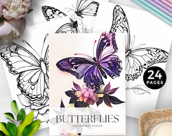 Butterfly Coloring Sheets Printable for Mindfulness and Relaxation, Adult Color PDF Pages, Stress Relief, Self Care Activity, Nature Flower