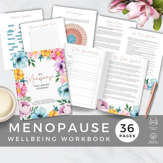 Menopause Journal for Women's Wellbeing, Health Trackers and Workbook, Perimenopause Symptom Log, Mood & Self Care Worksheet, Bright Floral