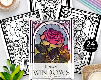 Stained Glass Flower Windows Coloring Book for Mindfulness, Floral Adult Color Pages, Self Care Activity, Mental Health, Printable PDF